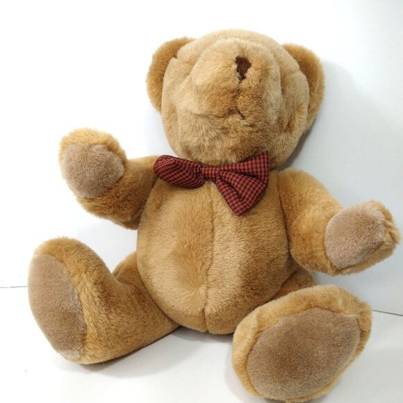 Vintage Walmart Brown Jointed Teddy Bear Plush Stuffed Animal Toy Red Plaid Bow - Picture 2 of 6
